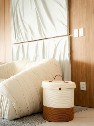 Cesta Grande de Corda com Tampa Caramelo e Off White
